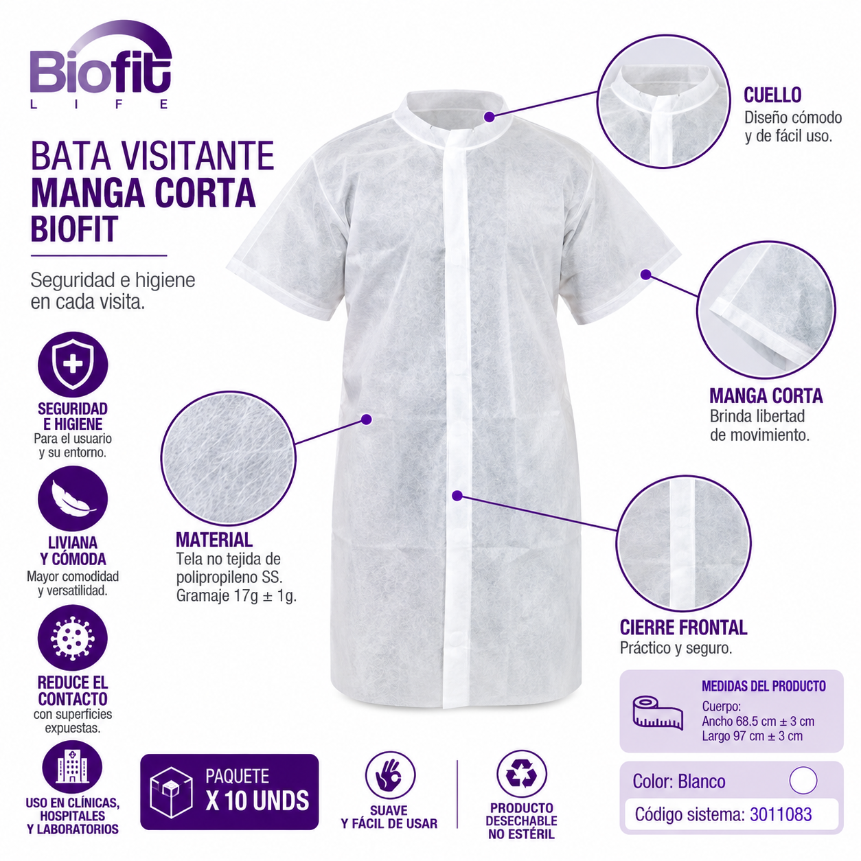 BATA VISITANTE MANGA CORTA BLANCA BIOFIT - Imagen 3